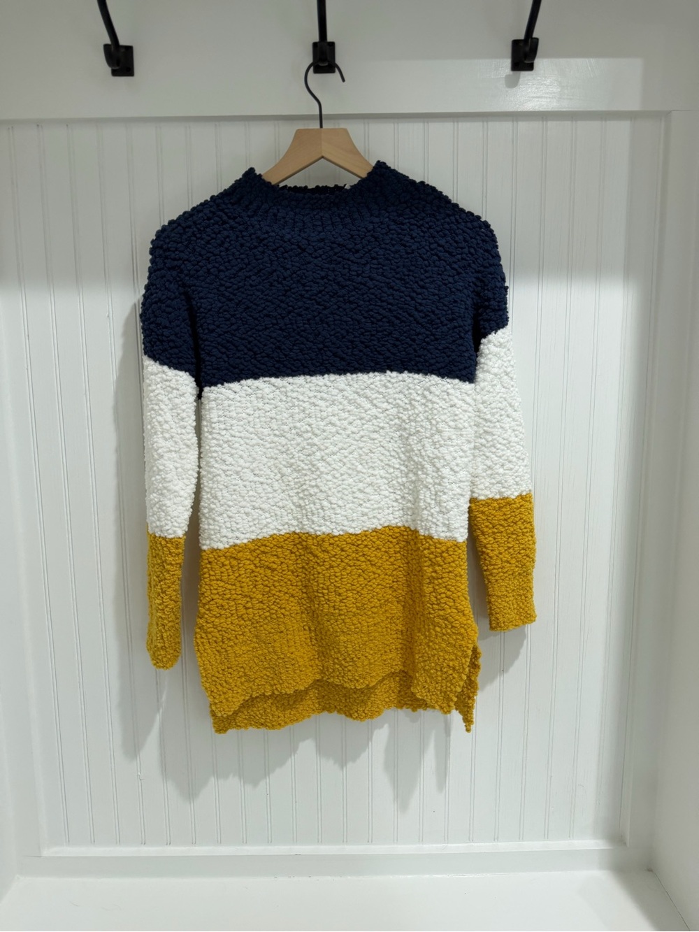 NWT MEROKEETY Navy Mustard Colorblock Popcorn Sweater S